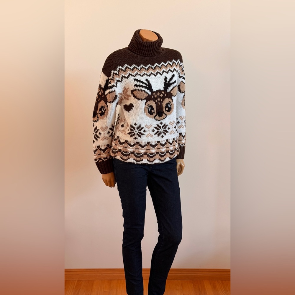 Knit Reindeer Turtleneck Christmas Sweater